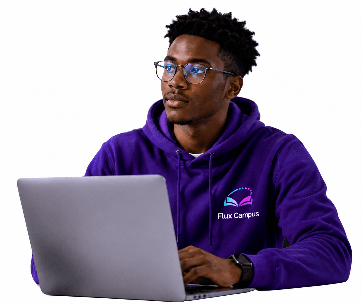 A Flux Campus learner working on a laptop with modern learning interface cards